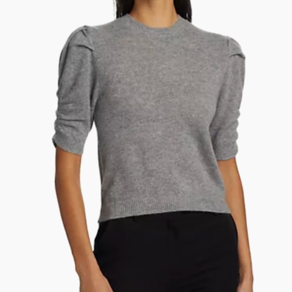 Frame Cashmere Ruched Short Puff Sleeve Sweater Dark Grey M